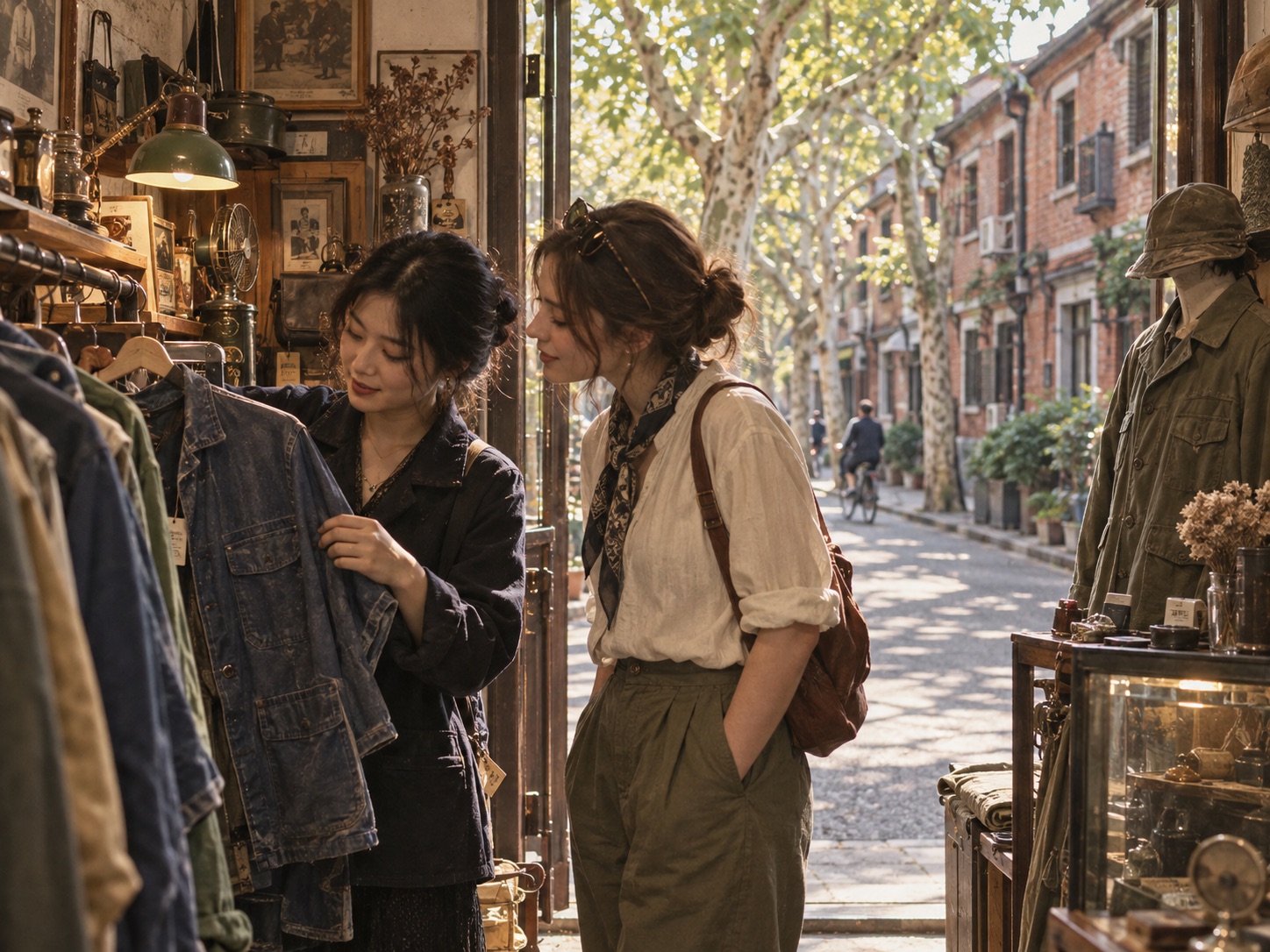 Editorial illustration of a local and traveler browsing a vintage shop in Shanghai