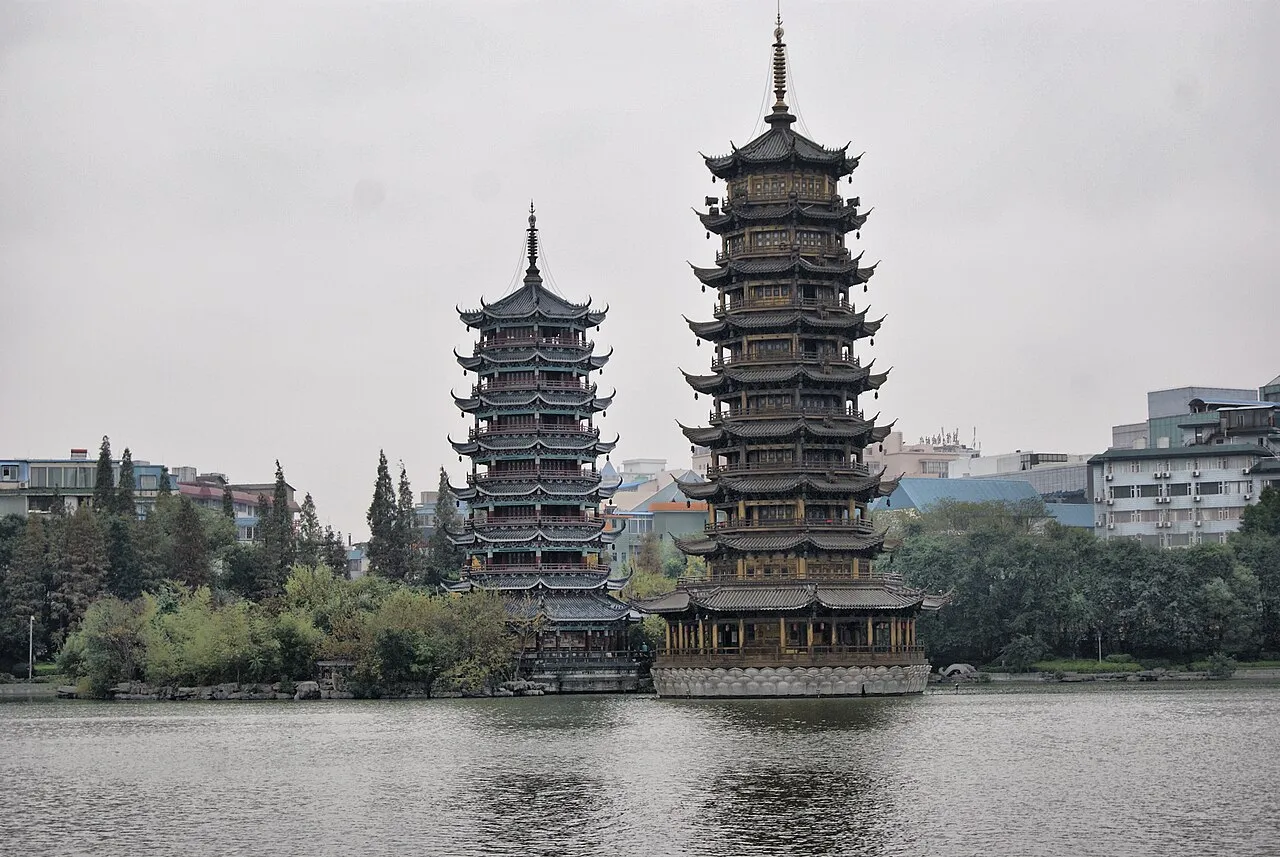 The Sun and Moon Pagodas rising above Shan Lake in central Guilin