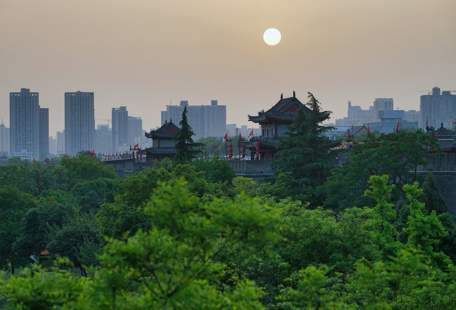 Watchtowers along Xi’an’s ancient City Wall at sunset