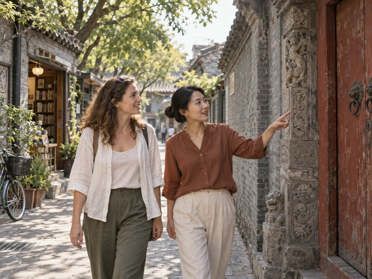 AI-generated illustration of a fictional Beijing Local Pal and traveler discovering courtyard architecture in a hutong