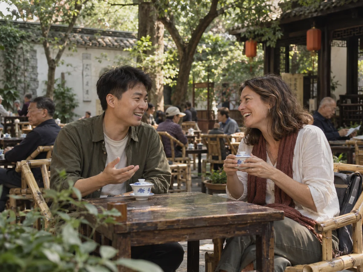 AI-generated illustration of a fictional Chengdu Local Pal and traveler chatting in a leafy park teahouse