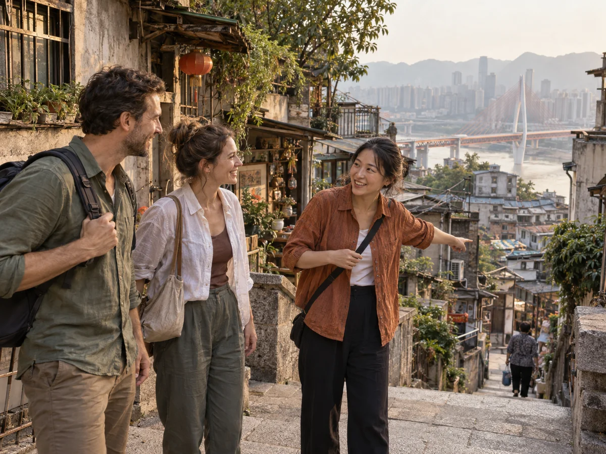 AI-generated illustration of a fictional Chongqing Local Pal and two travelers exploring a hillside lane above the river