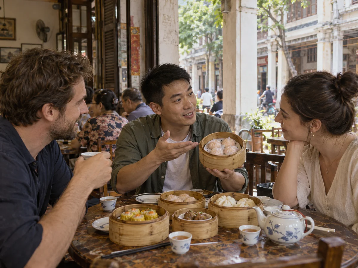 AI-generated illustration of a fictional Guangzhou Local Pal and two travelers sharing morning tea beside an arcade-lined street