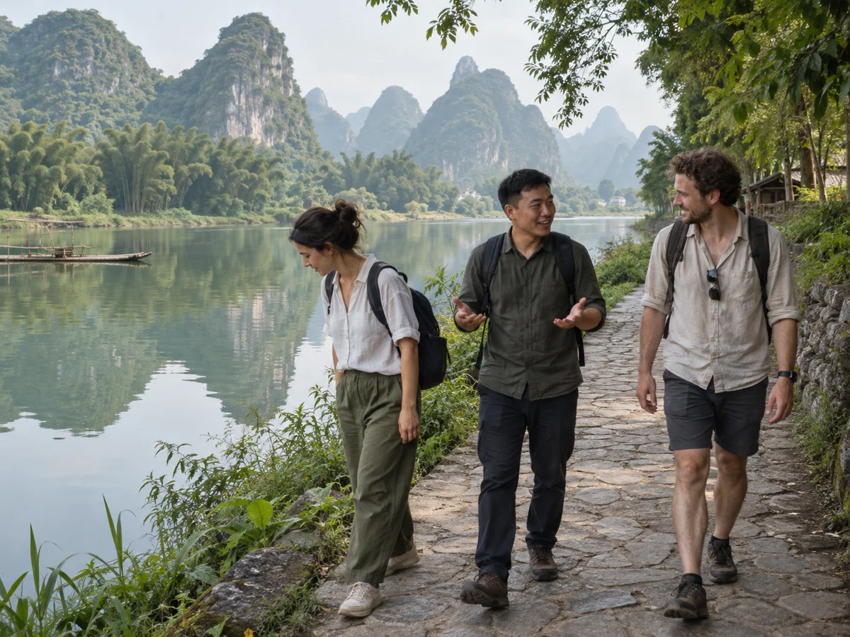 AI-generated illustration of a fictional Guilin Local Pal and two travelers walking beside a river and limestone hills