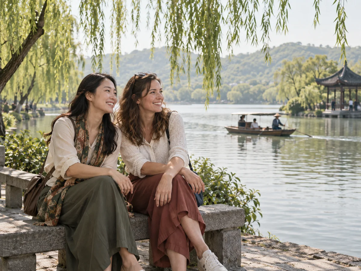 AI-generated illustration of a fictional Hangzhou Local Pal and traveler chatting beneath willows beside West Lake