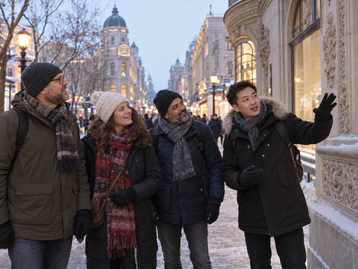 AI-generated illustration of a fictional male Harbin Local Pal and three warmly dressed travelers admiring Central Street architecture in winter