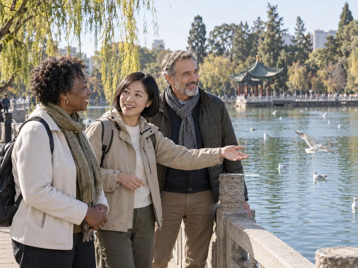 AI-generated illustration of a fictional Kunming Local Pal and two travelers watching winter gulls beside Green Lake