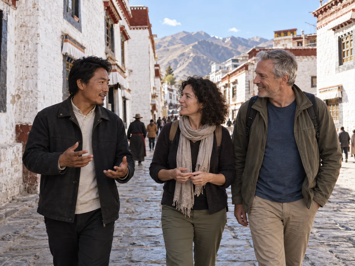 AI-generated illustration of a fictional male Lhasa Local Pal and two travelers chatting on a public old-town street