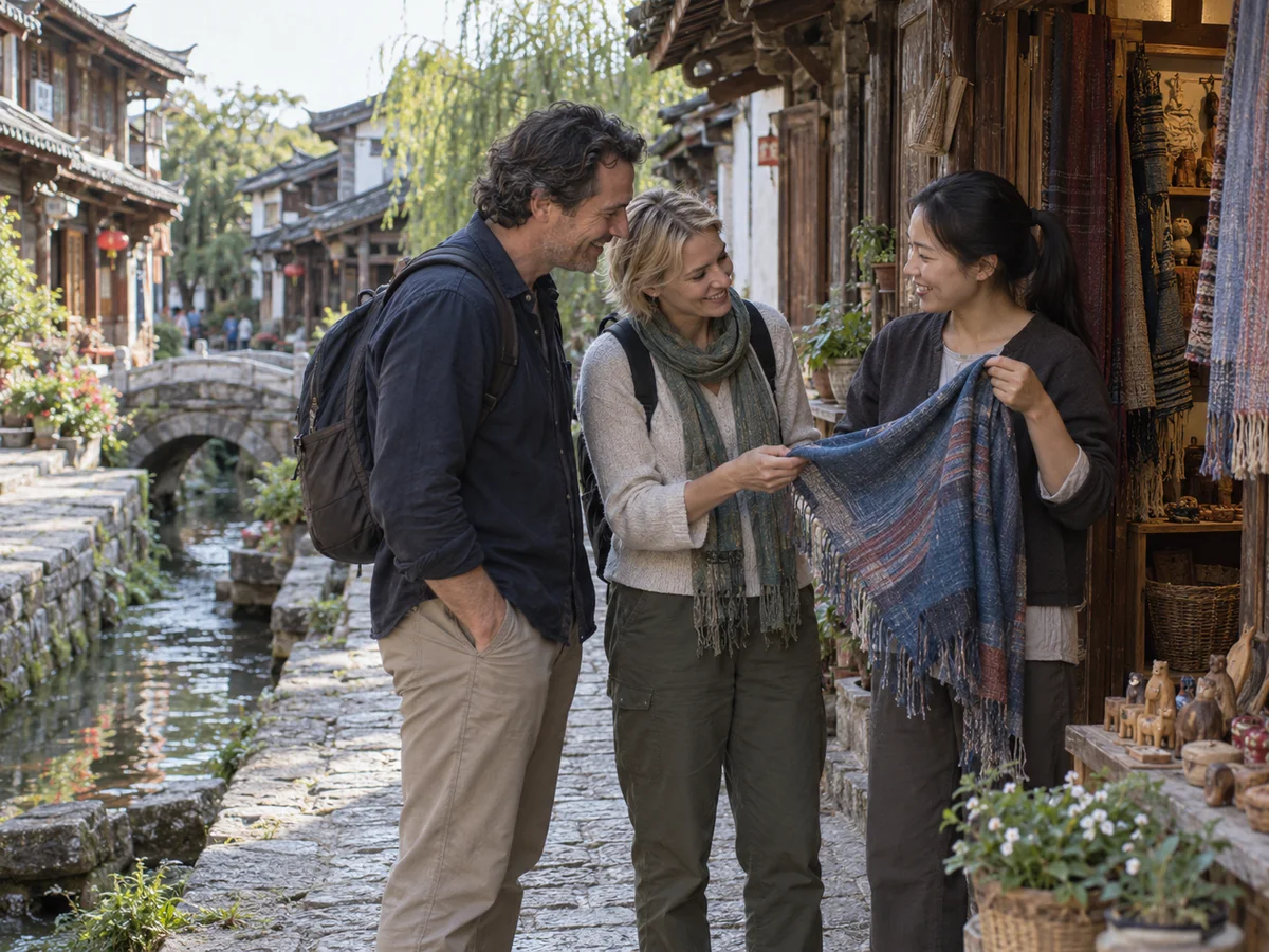 AI-generated illustration of a fictional Lijiang Local Pal and two travelers browsing a woven scarf beside an old-town water lane