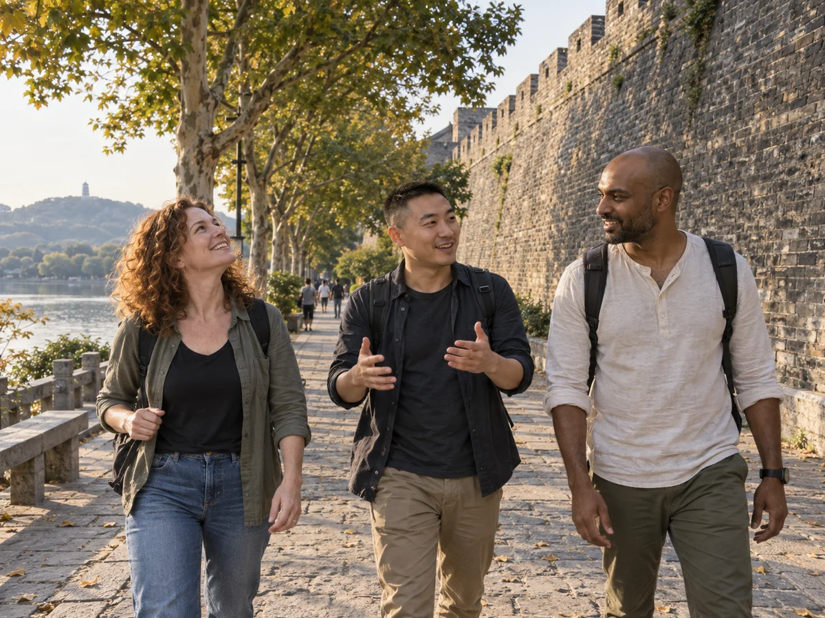 AI-generated illustration of a fictional male Nanjing Local Pal and two travelers walking beside the city wall and lake