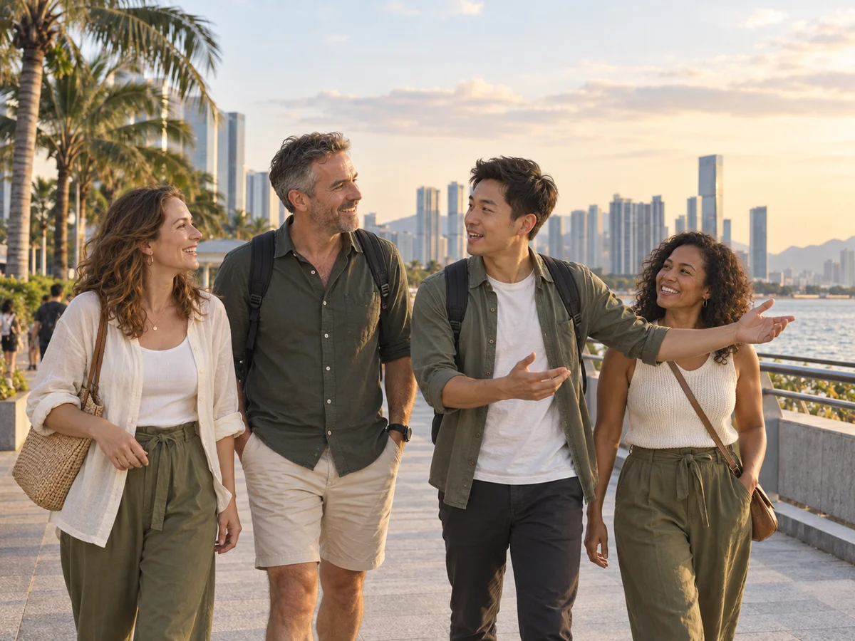 AI-generated illustration of a fictional male Shenzhen Local Pal and three international travelers walking along the bay