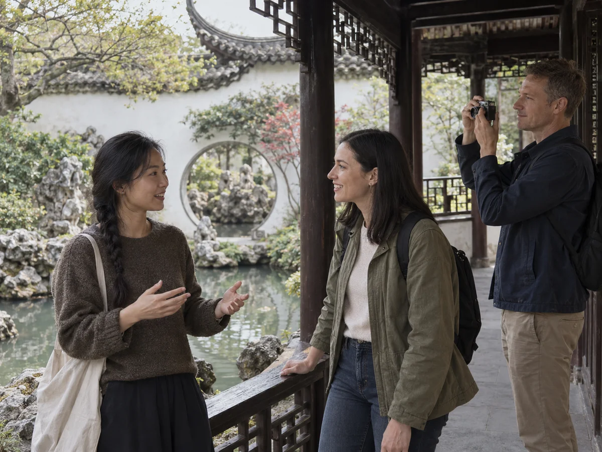 AI-generated illustration of a fictional Suzhou Local Pal and two travelers enjoying framed garden views beside a timber corridor
