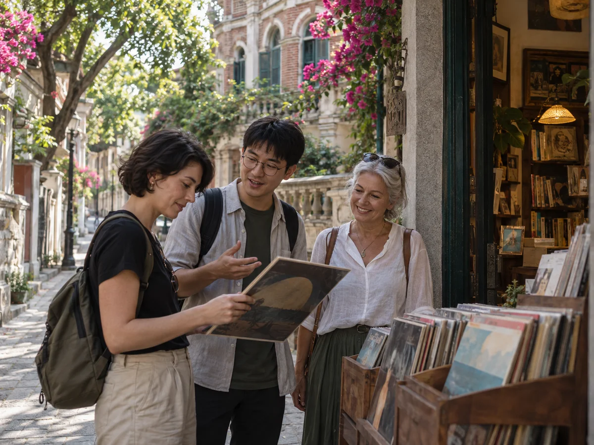 AI-generated illustration of a fictional male Xiamen Local Pal and two travelers browsing records in a leafy Gulangyu lane