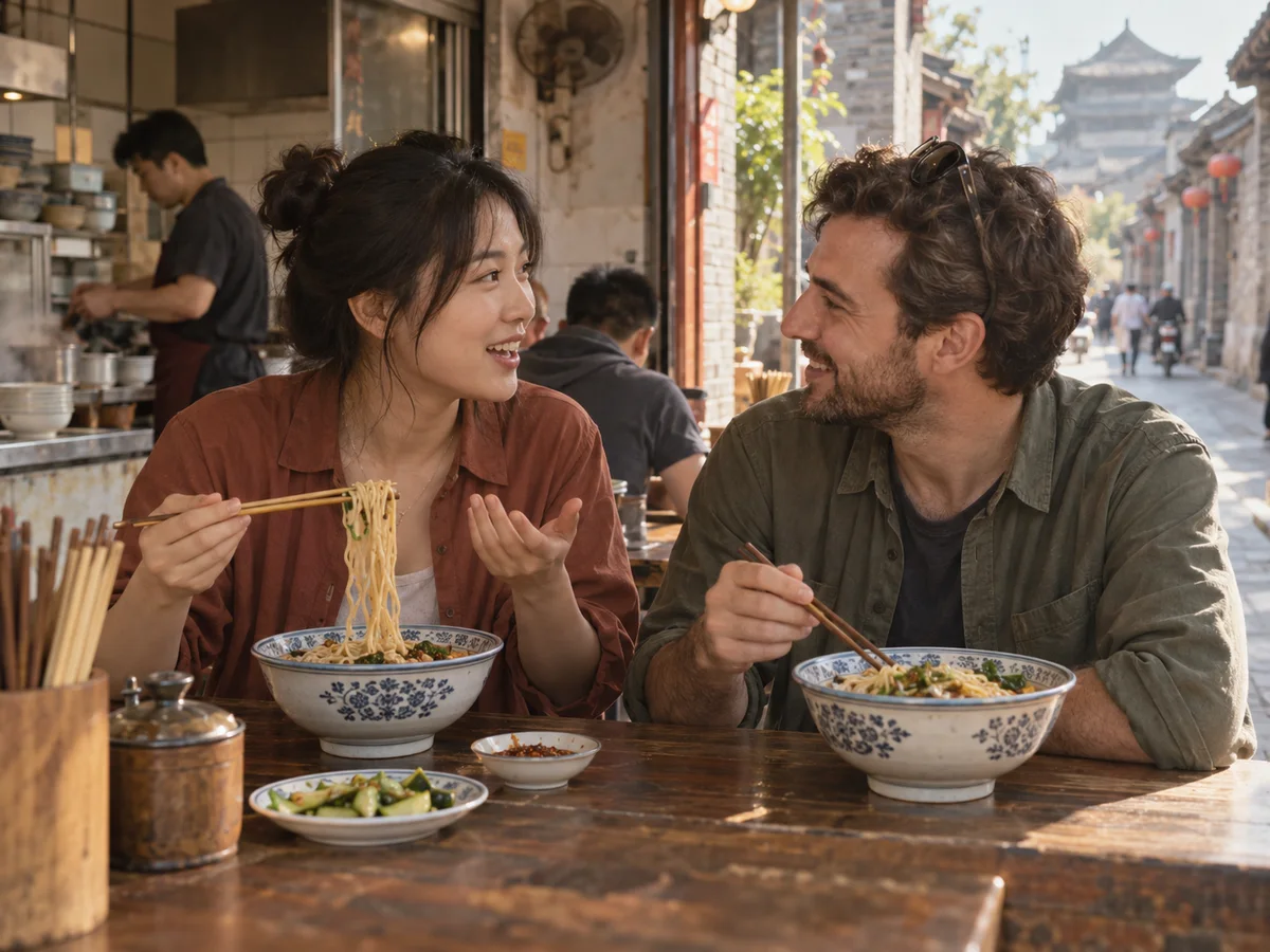 AI-generated illustration of a fictional local companion and traveler sharing noodles beside a Xi’an neighborhood lane
