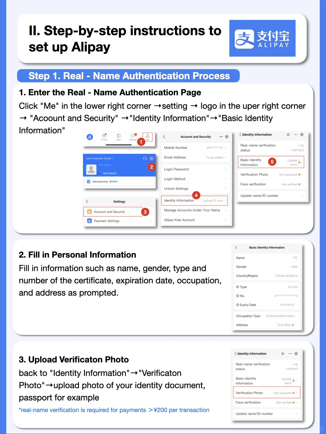 Alipay Account and Security menu with Identity Information highlighted