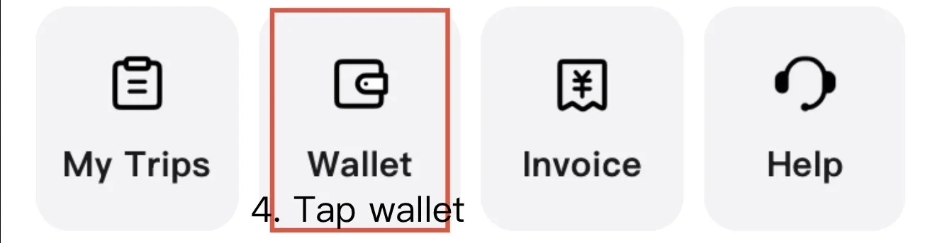 DiDi Account menu showing My Trips, Wallet, Invoice and Help, with Wallet marked